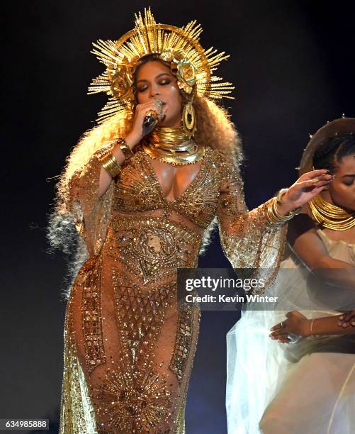 Recording artist Beyonce performs onstage during The 59th GRAMMY Awards at STAPLES Center on February 12, 2017 in Los Angeles, California.