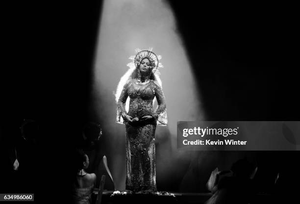 Recording artist Beyonce performs onstage during The 59th GRAMMY Awards at STAPLES Center on February 12, 2017 in Los Angeles, California.