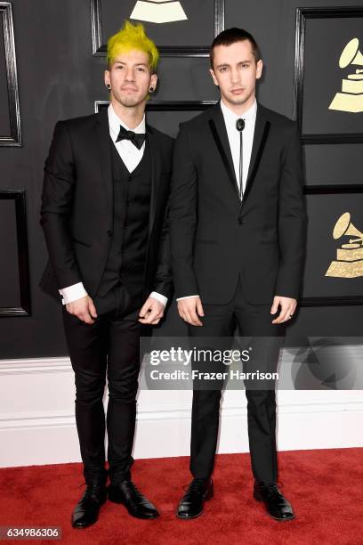 Musicians Josh Dun and Tyler Joseph of Twenty One Pilots attend The 59th GRAMMY Awards at STAPLES Center on February 12, 2017 in Los Angeles,...