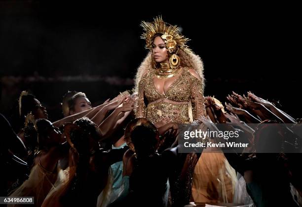 Recording artist Beyonce performs onstage during The 59th GRAMMY Awards at STAPLES Center on February 12, 2017 in Los Angeles, California.