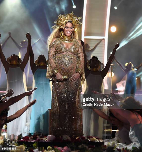 Beyonce performs onstage during The 59th GRAMMY Awards at STAPLES Center on February 12, 2017 in Los Angeles, California.