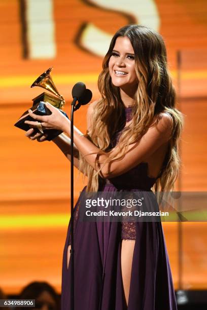 Recording artist Maren Morris accepts the award for Best Country Solo Performance for 'My Church,' onstage during The 59th GRAMMY Awards at STAPLES...