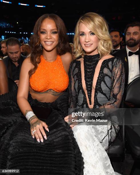 Rihanna and Carrie Underwood during The 59th GRAMMY Awards at STAPLES Center on February 12, 2017 in Los Angeles, California.