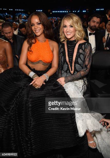 Rihanna and Carrie Underwood during The 59th GRAMMY Awards at STAPLES Center on February 12, 2017 in Los Angeles, California.