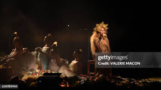 Beyonce performs onstage during the 59th Annual Grammy music Awards on February 12 in Los Angeles, California. / AFP / VALERIE MACON