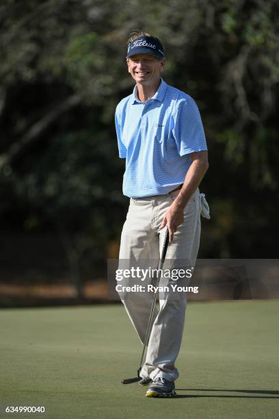 Brad Faxon reacts to his putt on the second green during the final round of the PGA TOUR Champions Allianz Championship at The Old Course at Broken...