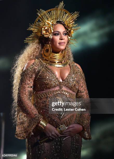 Singer-songwriter Beyonce performs onstage during The 59th GRAMMY Awards at STAPLES Center on February 12, 2017 in Los Angeles, California.