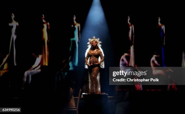 Singer Beyonce during The 59th GRAMMY Awards at STAPLES Center on February 12, 2017 in Los Angeles, California.