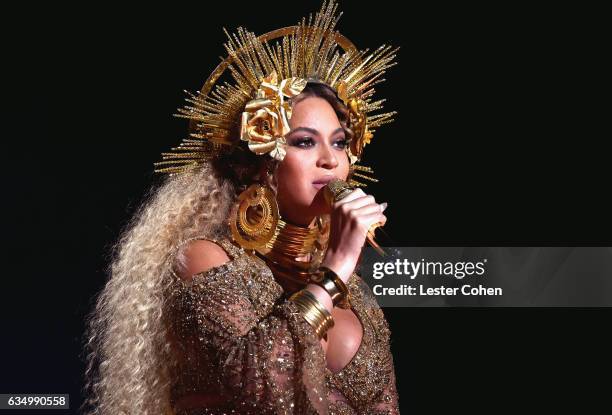 Singer-songwriter Beyonce performs onstage during The 59th GRAMMY Awards at STAPLES Center on February 12, 2017 in Los Angeles, California.