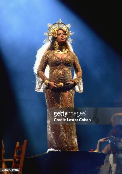 Singer-songwriter Beyonce performs onstage during The 59th GRAMMY Awards at STAPLES Center on February 12, 2017 in Los Angeles, California.