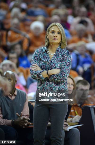 Texas Longhorn head coach Karen Aston watches action during game between the Texas Longhorns and the Kansas Jayhawks on February 11, 2017 at the...