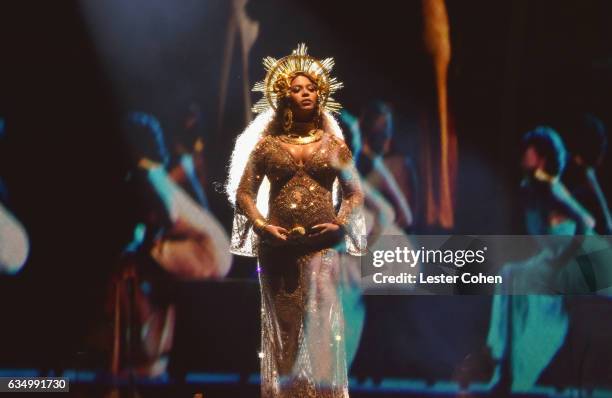 Singer-songwriter Beyonce performs onstage during The 59th GRAMMY Awards at STAPLES Center on February 12, 2017 in Los Angeles, California.