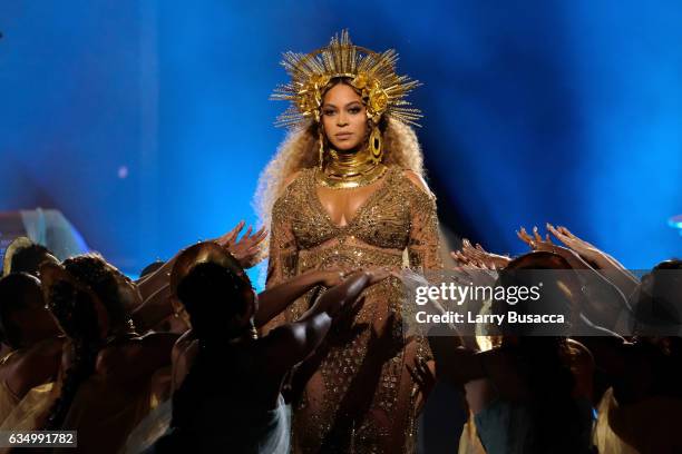 Singer Beyonce performs during The 59th GRAMMY Awards at STAPLES Center on February 12, 2017 in Los Angeles, California.