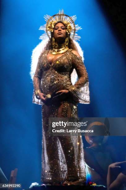 Singer Beyonce performs during The 59th GRAMMY Awards at STAPLES Center on February 12, 2017 in Los Angeles, California.