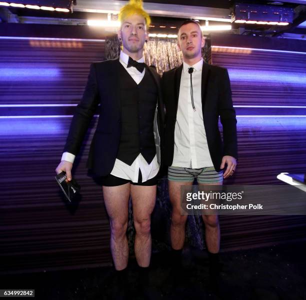 Musicians Josh Dun and Tyler Joseph of Twenty One Pilots attend The 59th GRAMMY Awards at STAPLES Center on February 12, 2017 in Los Angeles,...
