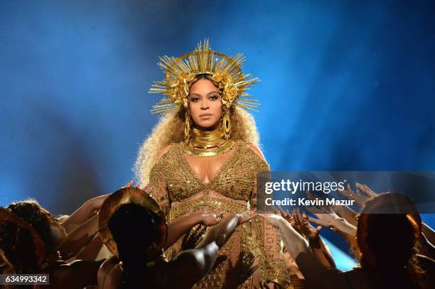 Beyonce performs onstage during The 59th GRAMMY Awards at STAPLES Center on February 12, 2017 in Los Angeles, California.