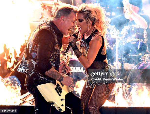 Recording artists James Hetfield of music group Metallica and Lady Gaga perform onstage during The 59th GRAMMY Awards at STAPLES Center on February...