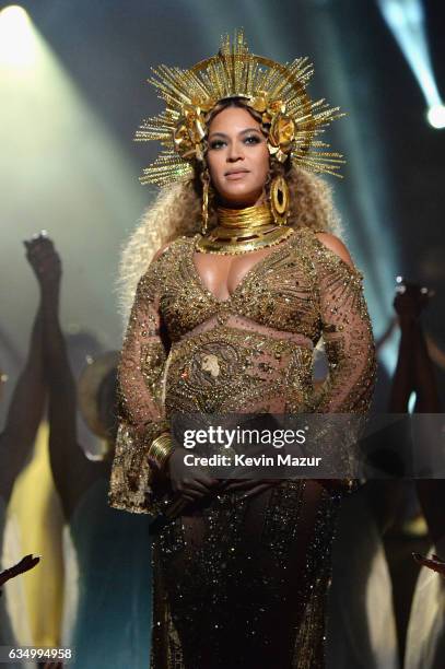 Beyonce performs onstage during The 59th GRAMMY Awards at STAPLES Center on February 12, 2017 in Los Angeles, California.