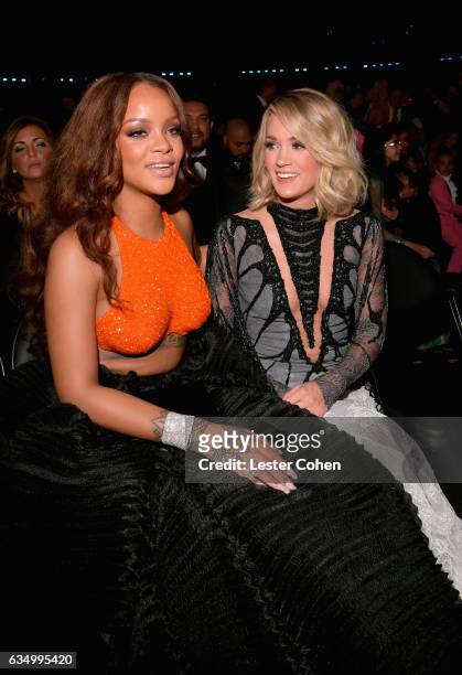 Singers Rihanna and Carrie Underwood during The 59th GRAMMY Awards at STAPLES Center on February 12, 2017 in Los Angeles, California.