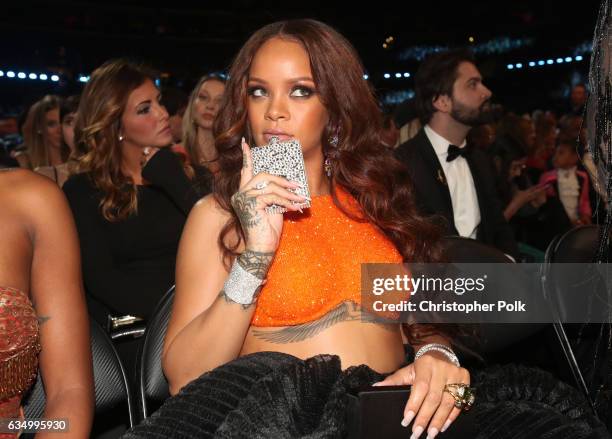 Singer Rihanna during The 59th GRAMMY Awards at STAPLES Center on February 12, 2017 in Los Angeles, California.