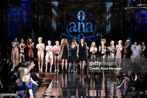 Actress Mira Sorvino, #Cancerland Champagne Joy and Anaono founder Dana Donofree walk the runway during AnaOno Intimates X #Cancerland at New York...