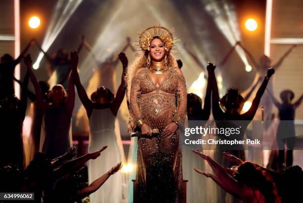 Singer Beyonce during The 59th GRAMMY Awards at STAPLES Center on February 12, 2017 in Los Angeles, California.