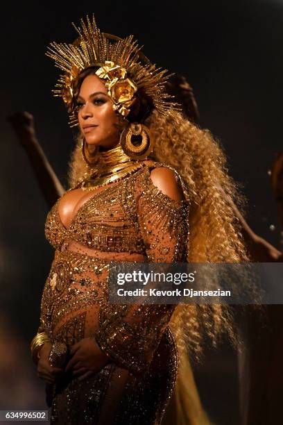 Recording artist Beyonce performs onstage during The 59th GRAMMY Awards at STAPLES Center on February 12, 2017 in Los Angeles, California.