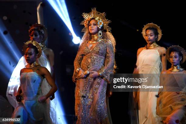 Recording artist Beyonce performs onstage during The 59th GRAMMY Awards at STAPLES Center on February 12, 2017 in Los Angeles, California.