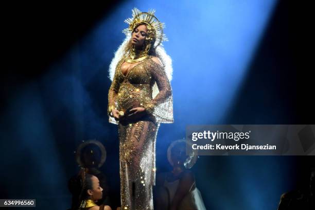 Recording artist Beyonce performs onstage during The 59th GRAMMY Awards at STAPLES Center on February 12, 2017 in Los Angeles, California.