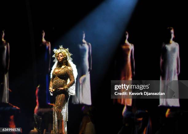 Recording artist Beyonce performs onstage during The 59th GRAMMY Awards at STAPLES Center on February 12, 2017 in Los Angeles, California.