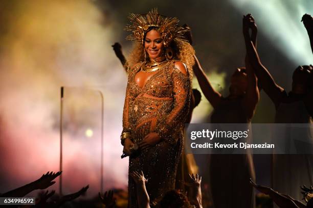 Recording artist Beyonce performs onstage during The 59th GRAMMY Awards at STAPLES Center on February 12, 2017 in Los Angeles, California.