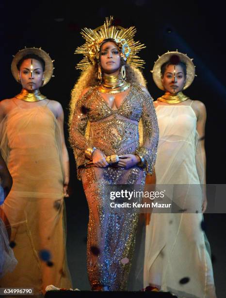 Beyonce performs onstage during The 59th GRAMMY Awards at STAPLES Center on February 12, 2017 in Los Angeles, California.