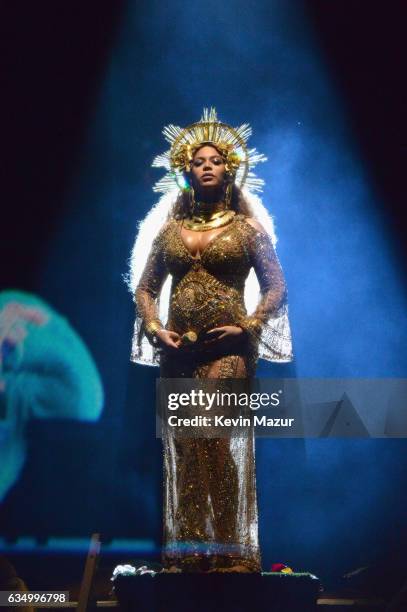 Beyonce performs onstage during The 59th GRAMMY Awards at STAPLES Center on February 12, 2017 in Los Angeles, California.