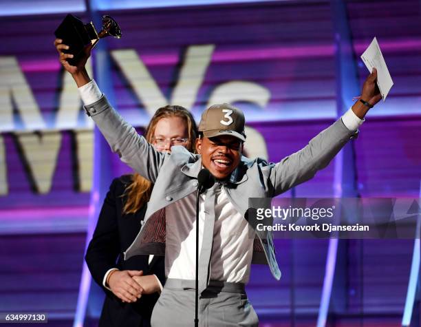 Recording artist Chance The Rapper accepts the award for Best Rap Album onstage during The 59th GRAMMY Awards at STAPLES Center on February 12, 2017...