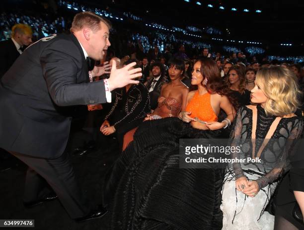 Awards host James Corden, Melissa Forde, singers Rihanna and Carrie Underwood during The 59th GRAMMY Awards at STAPLES Center on February 12, 2017 in...