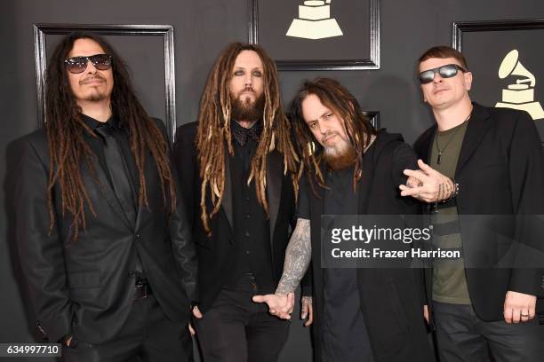 Musicians James Shaffer, Brian Welch, Reginald Arvizu, and Ray Luzier of Korn attend The 59th GRAMMY Awards at STAPLES Center on February 12, 2017 in...