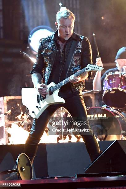 Musician James Hetfield of Metallica performs onstage during The 59th GRAMMY Awards at STAPLES Center on February 12, 2017 in Los Angeles, California.