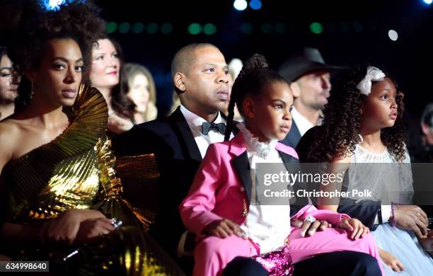 Singer Solange Knowles, hip hop artist Jay-Z and daughter Blue Ivy Carter during The 59th GRAMMY Awards at STAPLES Center on February 12, 2017 in Los...