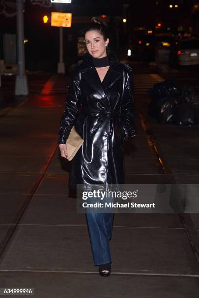 Actress Melissa Bolona is seen wearing a Wanda Innylon jacket, Seven jeans, Prada boots and J.W Anderson clutch in NoHo on February 12, 2017 in New...