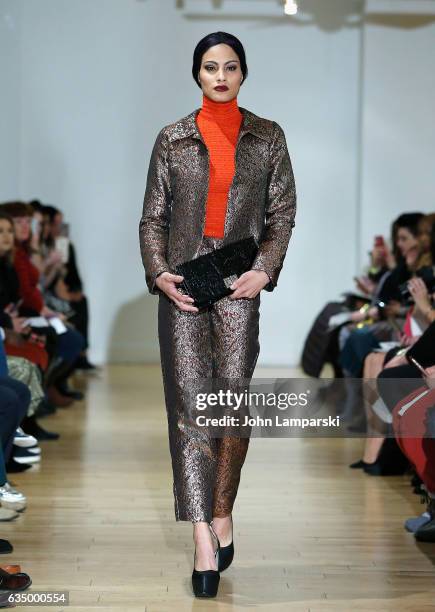 Model walks the runway at the Negris Lebrum fashion show during the 2017 New York Fashion Week at Studio Arte on February 12, 2017 in New York City.