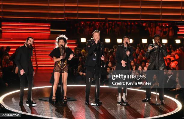 Recording artists Avi Kaplan, Kirstin Maldonado, Scott Hoying, Mitch Grassi, and Kevin Olusola of music group Pentatonix perform onstage during The...