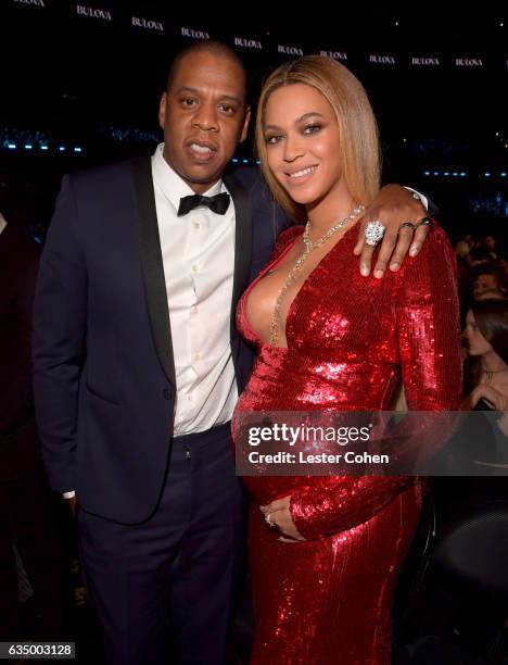 Recording artists Jay Z and Beyonce pose during The 59th GRAMMY Awards at STAPLES Center on February 12, 2017 in Los Angeles, California.