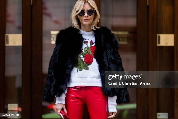 Lisa Hahnbueck wearing 0611 Fur Jacket, Off White Rose Embroidered and Printed Cropped Sweatshirt, Louis Vuitton Red Patent Leather Pants RTW AW16,...