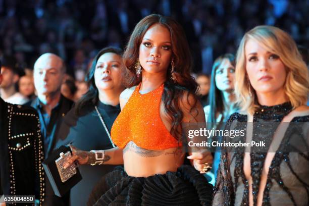 Singers Rihanna and Carrie Underwood during The 59th GRAMMY Awards at STAPLES Center on February 12, 2017 in Los Angeles, California.