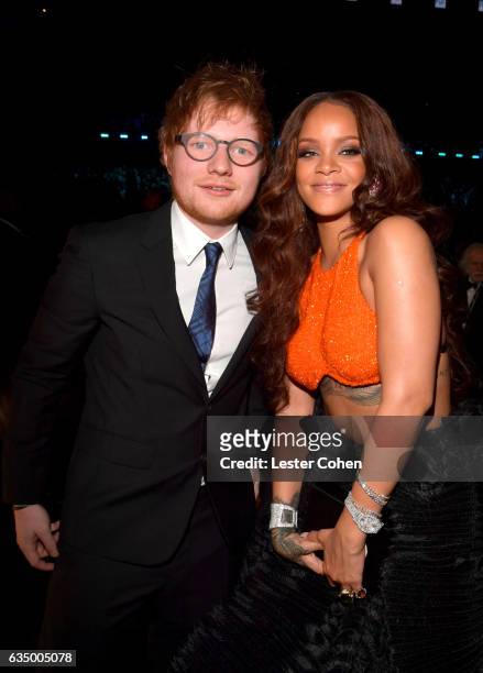 Singer-songwriters Ed Sheeran and Rihanna pose during The 59th GRAMMY Awards at STAPLES Center on February 12, 2017 in Los Angeles, California.