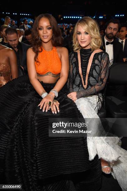 Rihanna and Carrie Underwood during The 59th GRAMMY Awards at STAPLES Center on February 12, 2017 in Los Angeles, California.