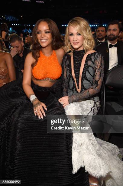 Rihanna and Carrie Underwood during The 59th GRAMMY Awards at STAPLES Center on February 12, 2017 in Los Angeles, California.