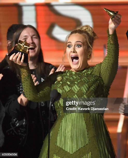 Recording artist Adele, winner of Album of the Year for '25,' speaks onstage during The 59th GRAMMY Awards at STAPLES Center on February 12, 2017 in...