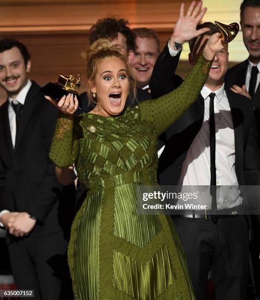 Recording artist Adele accepts the Album Of The Year award for '25' onstage during The 59th GRAMMY Awards at STAPLES Center on February 12, 2017 in...