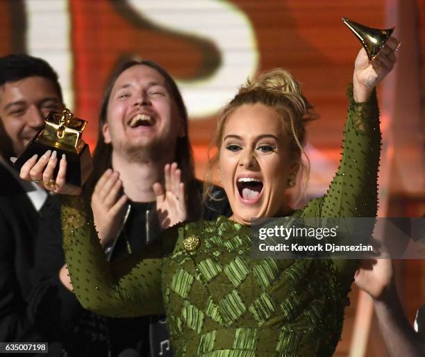 Recording artist Adele, winner of Album of the Year for '25,' speaks onstage during The 59th GRAMMY Awards at STAPLES Center on February 12, 2017 in...